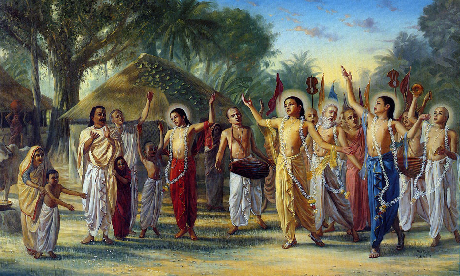 Sri Caitanya Mahaprabhu dancing with His associates in sankirtan